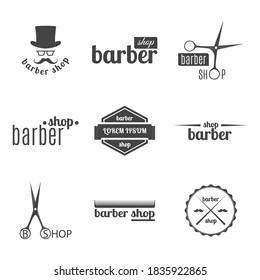 Set of grey emblem, logo, label for a barber shop, isolated on a white background. Vintage flat style, vector illustration.