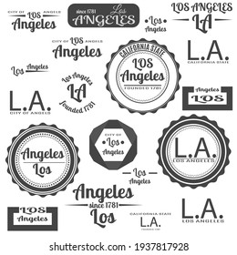 Set of grey emblem, logo, label for city of Los Angeles, isolated on a white background. Vintage flat style, vector illustration.