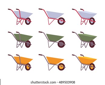 Set of grey, green, yellow wheelbarrows isolated against white background. Cartoon vector flat-style illustration