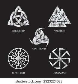 Set of grey grunge Norse symbols isolated on black background. Viking mythology and Scandinavian runes signs pattern