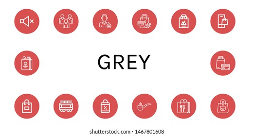 Set of grey icons such as Mute, Social media, Remove friend, Shopping bag, Tram, Smoking pipe , grey