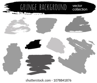 Set of grey ink vector stains. Grunge brush collection isolated on white