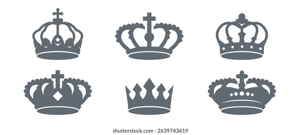 Set grey king crowns. Outline Icons isolated.