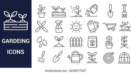 A set of grey line art gardening icons on a white background includes plants, tools, and gardening elements. Simple style.