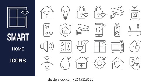 A set of grey line art icons depicting various smart home devices and features wireless connectivity symbols are included