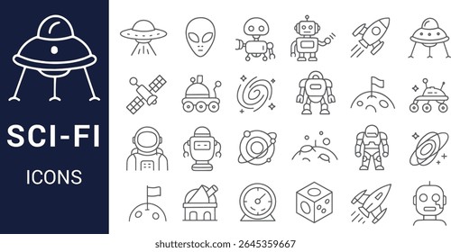 Um conjunto de ícones de ficção científica com arte de linha cinza que retratam robôs, alienígenas, naves espaciais, planetas e outros objetos relacionados ao espaço. O estilo é simples e consistente.