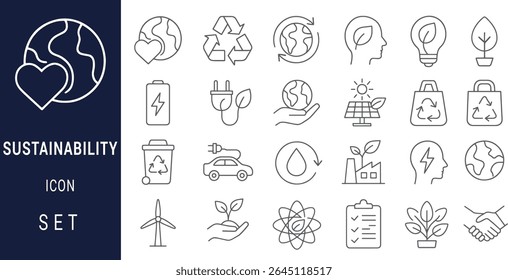 A set of grey line art sustainability icons featuring earth globe, recycling symbols, plants, renewable energy sources, and eco-friendly practices. Simple line style.