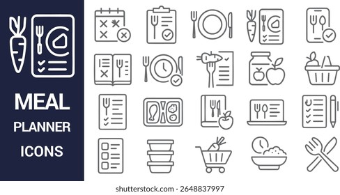 A set of grey line icons depicting various meal planning elements including checklists, calendars, food items, and utensils. The style is simple and consistent.
