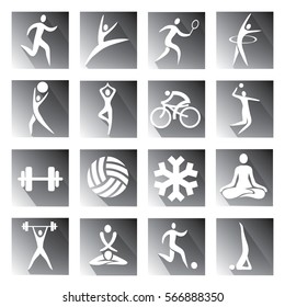 Set of grey modern icons with long shadow with sport, fitness and yoga activities. Vector illustration.