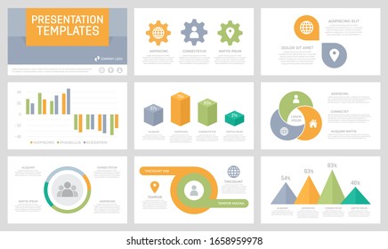 Set of grey, orange, green and turquoise elements for multipurpose presentation template slides with graphs and charts.