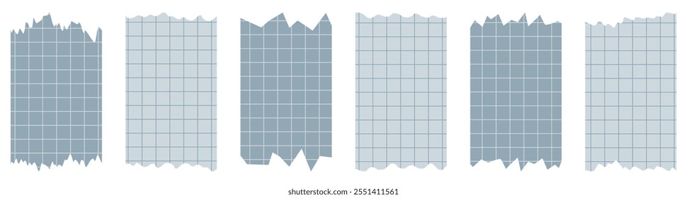 Set of grey paper sheets isolated on white. Pieces of decorative tape for scrapbooks. Washi tapes collection in vector. Ripped paper. Torn pieces of paper from a notebook in a cell. Blue ribbons