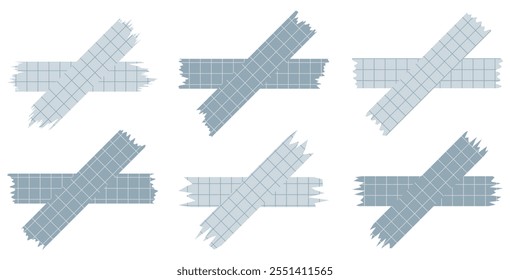 Conjunto de hojas de papel gris aislado en blanco. Piezas de cinta decorativa para álbumes de recortes. Washi graba colección en Vector. Papel rasgado. Pedazos de papel arrancados de un cuaderno en una celda. Cintas azules