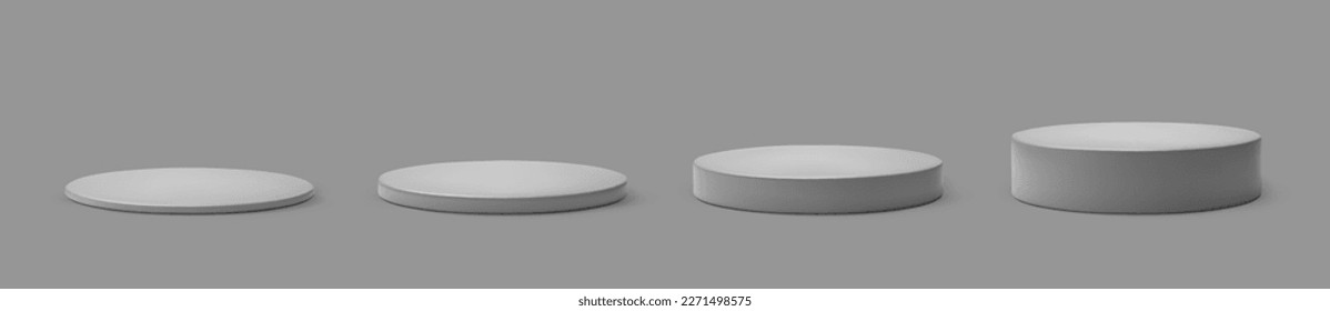 Set grey plinth podium base platform different heights. 3d round gray blank stand pedestal for product presentation. Realistic podium mockup vector illustration