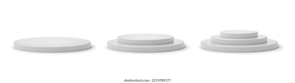 Set grey plinth podium base platform different heights. 3d round gray blank stand pedestal for product presentation. Realistic podium mockup vector illustration