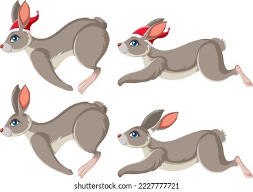 Set of grey rabbits in different poses illustration
