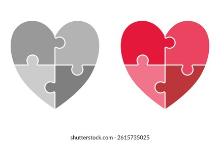 Set of grey and red four piece puzzle with heart shape. Vector Illustration.
