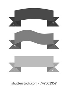 Set of grey ribbons on white background. Flat vector illustration of ribbons with grunge texture. 