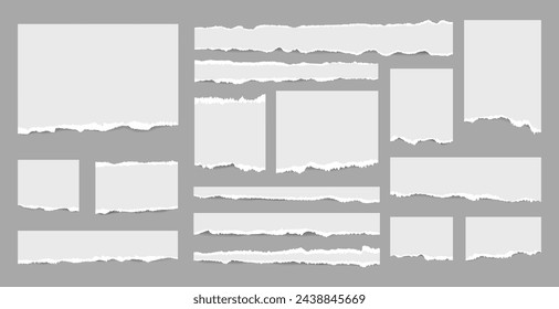 Set of grey scrapbook torn note paper pieces, memo sheets or notebook shred. Paper scraps with torn edges vector illustration. Design for social media, banner, poster