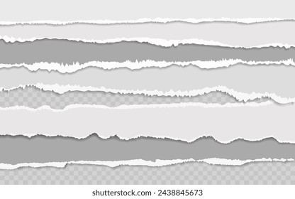 Set of grey scrapbook torn note paper, ripped pieces, memo sheets or notebook shred. Paper scraps with torn edges vector illustration. Design for social media, banner, poster