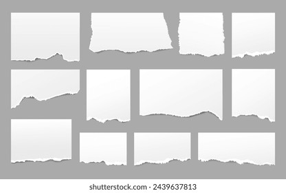 Set of grey scrapbook torn note paper pieces, memo sheets or notebook shred. Paper scraps with torn edges vector illustration. Design for social media, banner, poster