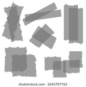Set van grijze semi-transparante washi tapes geïsoleerd op wit. Tapes verzamelen in vector. Stukjes decoratieve tape voor plakboeken. Gescheurd papier. Grijs, zwart