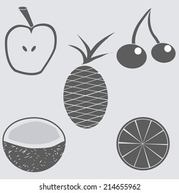 a set of grey silhouettes of fruits on a grey background
