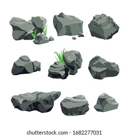 Set of Grey Stones Isolated on White Background. Single and Piled Rocks with Green Grass, Graphic Design Elements for Computer Game, Nature Pebble Objects. Cartoon Vector Illustration, Icon, Clip Art