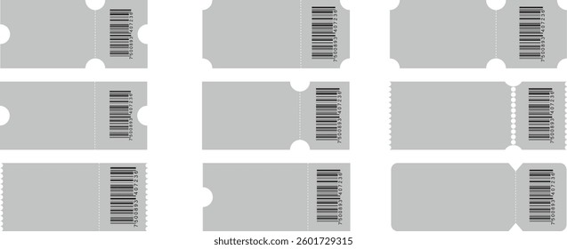 Set of grey tickets with unique barcodes on transparent background. Perfect for creating entrance tickets, vouchers, transport tickets and coupons