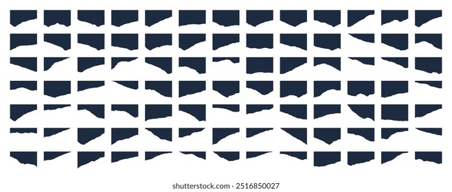 Conjunto de hoja de papel gris rasgado o rasgado. Borde del libro de recuerdos, rasgadura del cuaderno o Ilustración vectorial dividida de página en blanco. Ornamento realista Abstractas o arte del Clip de la decoración para el fondo del Anuncio de las redes sociales
