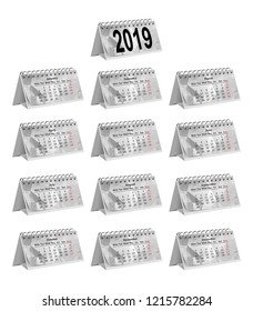 set of grey triangular 2019 on desk paper calendars on a white background