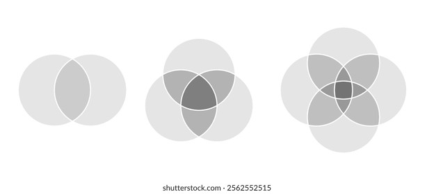 Set of grey two, three and four circles intersect. Venn Diagram, Overlapping Circles.