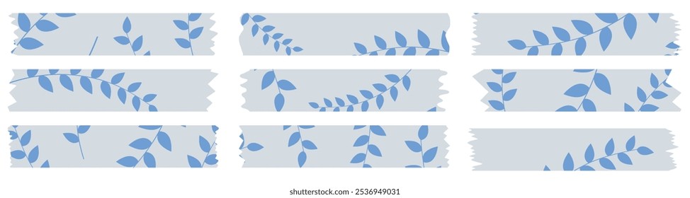 Set of grey washi tapes with blue leaves pattern isolated on white. Washi tape collection in vector. Pieces of decorative tape for albums. Torn paper