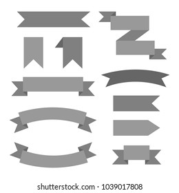 Set of grey web graphic decorative ribbons, vector icons. Different variations of classic ribbon shapes isolated on white background.