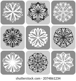 Set of grey and white mandala isolated on background. Vector decorative round ornaments. Minimal design elements flower shape of snowflake icon for logo, tattoo artwork.