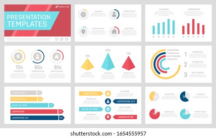 Set of grey, yellow, blue and red elements for multipurpose presentation template slides with graphs and charts.