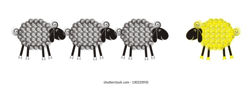 Set of grey and yellow cute lambs with black heads and wool spirals