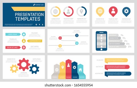 Set of grey, yellow, red and blue elements for multipurpose presentation template slides with graphs and charts.