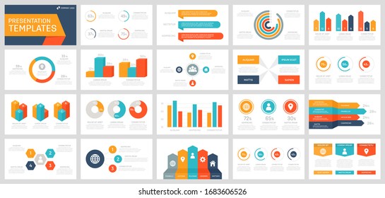 Set of grey, yellow, turquoise, orange and dark blue elements for multipurpose presentation template slides with graphs and charts.