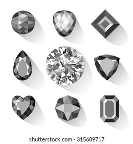 Set of greyscale, black gems isolated on white background, vector illustration