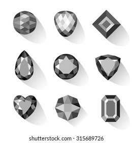 Set of greyscale, black gems isolated on white background, vector illustration