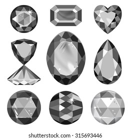 Set of greyscale, black gems isolated on white background, vector illustration