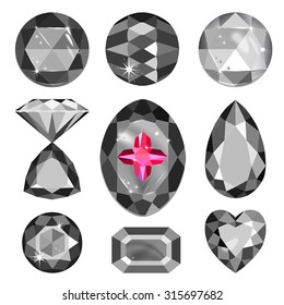 Set of greyscale, black and red gems isolated on white background, vector illustration