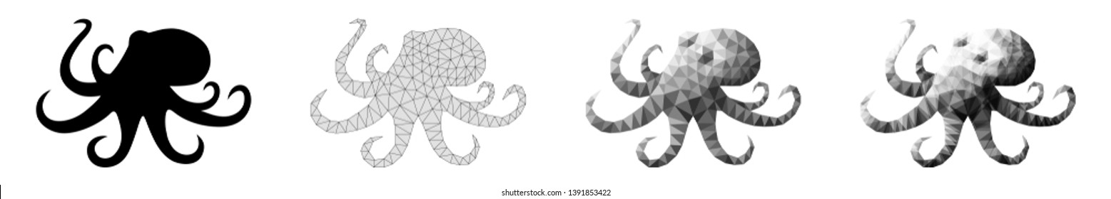 Set of greyscale sea octopuses in low poly style and black devilfish silhouette isolated on white background; Monochrome abstract ocean Octopoda; Vector illustration