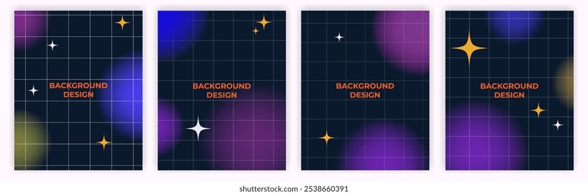 conjunto de Grade fundo projetos galáxia vibrante bokeh luzes em roxo, azul e amarelo com estrelas brilhantes.