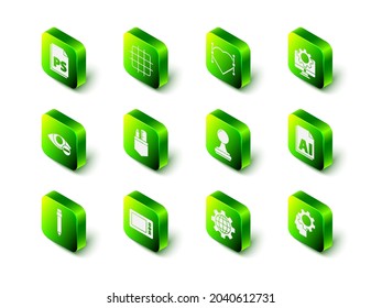 Set Grid graph paper, Heart with Bezier curve, Computer monitor and gear, AI file document, Human head inside, Stamp, Globe of the Earth and Graphic tablet icon. Vector