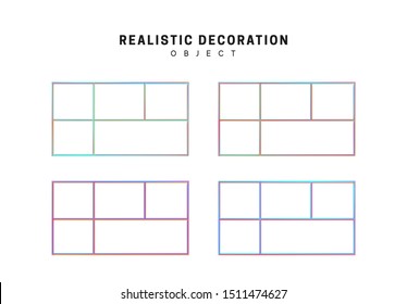 Set grid, rectangle and square. Realistic 3d shape. objects with gradient holographic color of hologram. Geometric decorative design elements isolated white background. vector illustration.