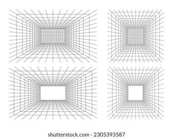 Set of Grid room in perspective in 3d style. Indoor wireframe from black laser beam,  digital empty box. Abstract geometric design. Vector illustration