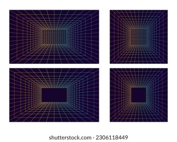 Set of Grid room in perspective in 3d style. Indoor wireframe from rainbow laser beam,  digital empty box. Abstract geometric design. Vector illustration
