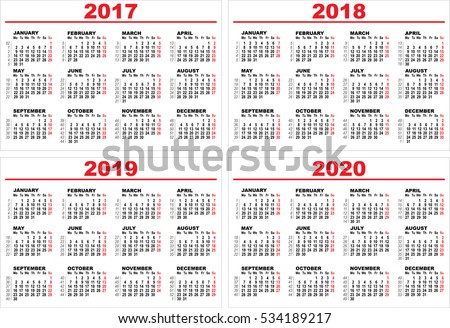 Set grid wall calendar for 2017, 2018, 2019, 2020. Illustration template in vector format