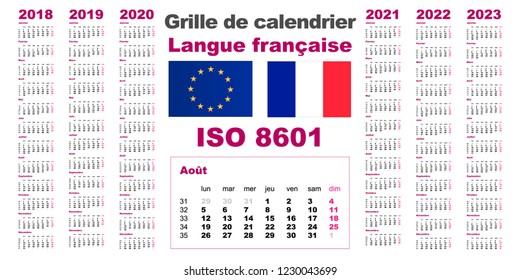 Set grid wall calendar France French, Gaulish, parleyvoo for 2018, 2019, 2020, 2021, 2022, 2023, ISO 8601 with weeks